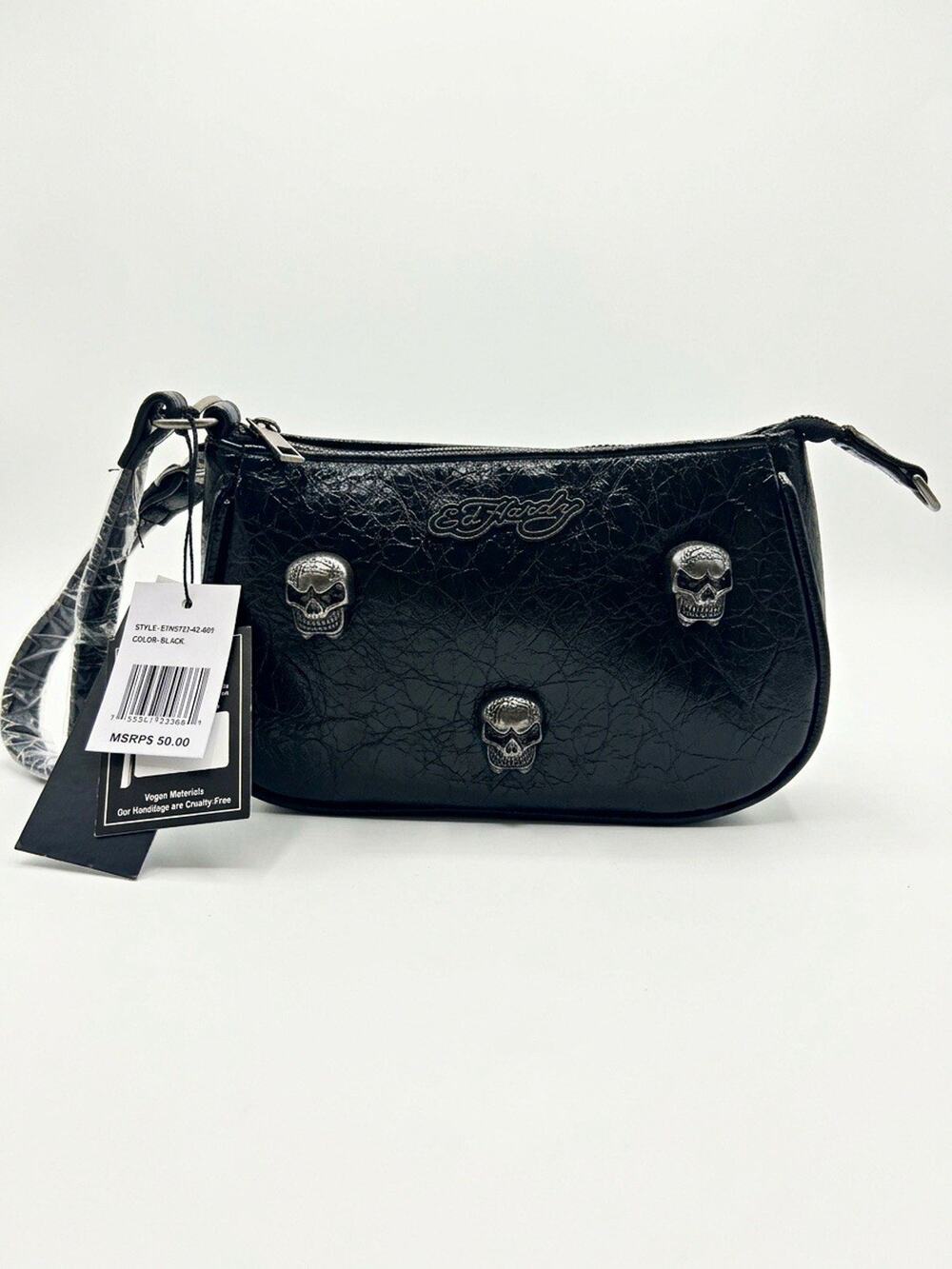 Ed Hardy Black Skull Stud Small Shoulder Bag Zip Top Detachable Strap Silver